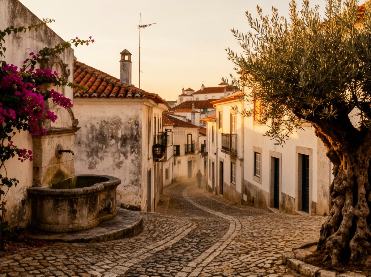 Rua de calçada num centro histórico português ao pôr-do-sol, com fonte de pedra, buganvílias e oliveira centenária